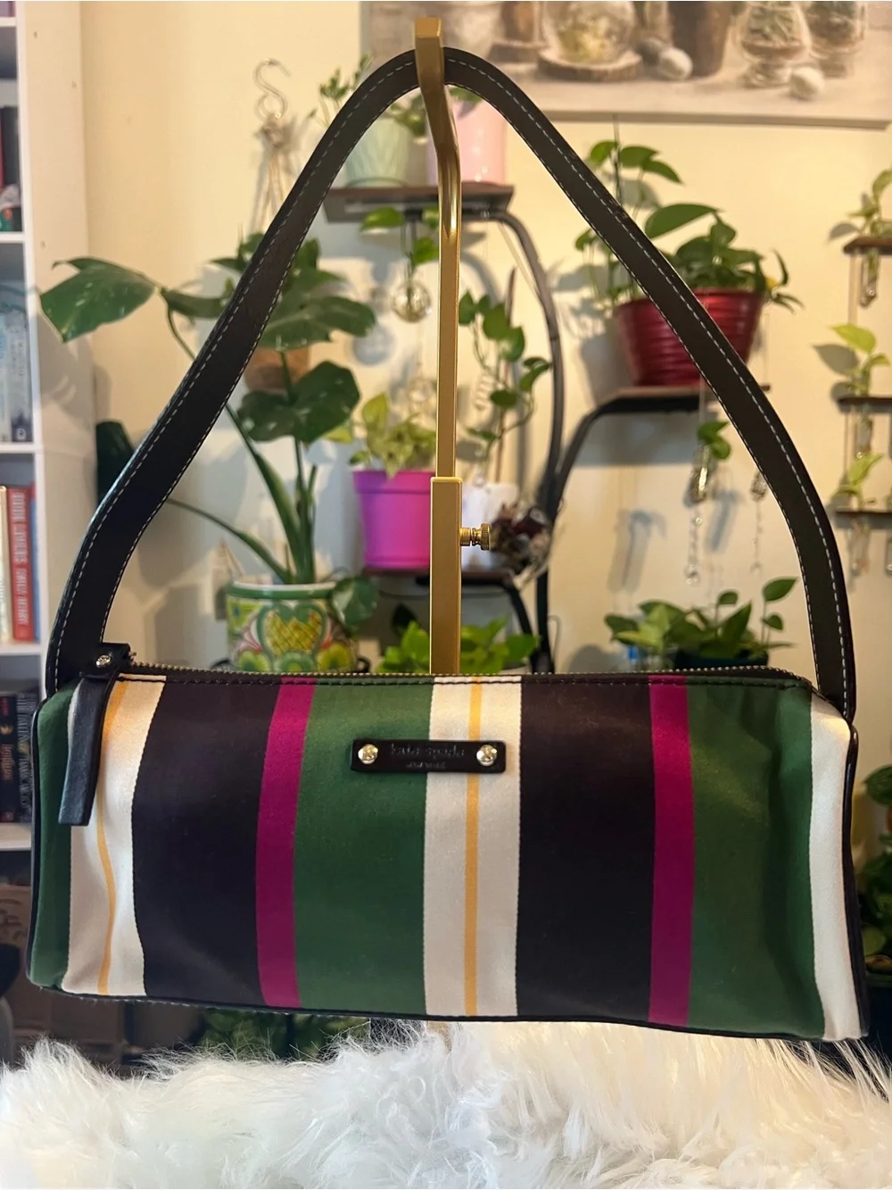 Y2K Kate Spade New York multi-color striped canvas baguette shoulder bag